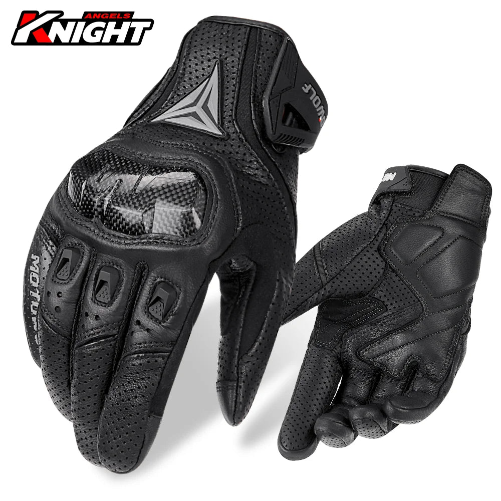 Motorcycle Leather Gloves Carbon Fibre Waterproof Touch Screen Non-Slip Four Seasons Motorbike Gloves Perforated Ventilate
