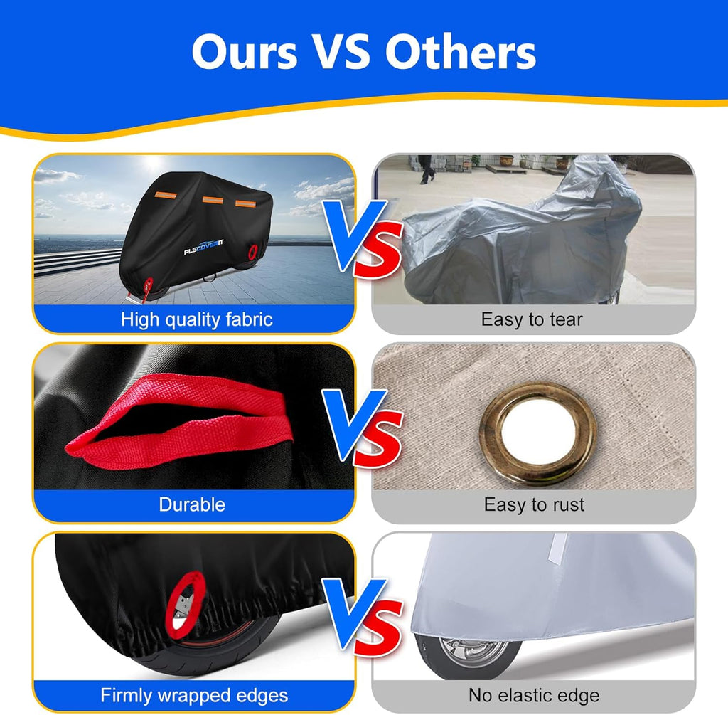 Motorcycle Cover, 600D Heavy Duty Waterproof Motorbike Cover, Dustproof Motorcycles Vehicle Cover Scooter Shelter Protection with Reflective Strips & Storage Bag 116" X 41" X 50"