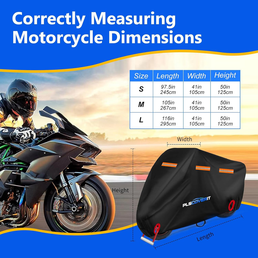 Motorcycle Cover, 600D Heavy Duty Waterproof Motorbike Cover, Dustproof Motorcycles Vehicle Cover Scooter Shelter Protection with Reflective Strips & Storage Bag 116" X 41" X 50"
