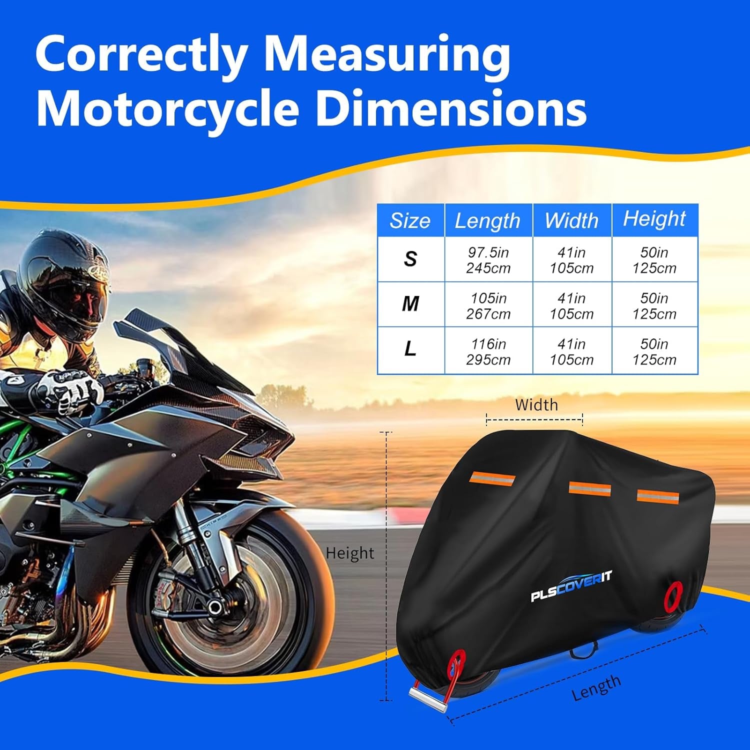Motorcycle Cover, 600D Heavy Duty Waterproof Motorbike Cover, Dustproof Motorcycles Vehicle Cover Scooter Shelter Protection with Reflective Strips & Storage Bag 116" X 41" X 50"