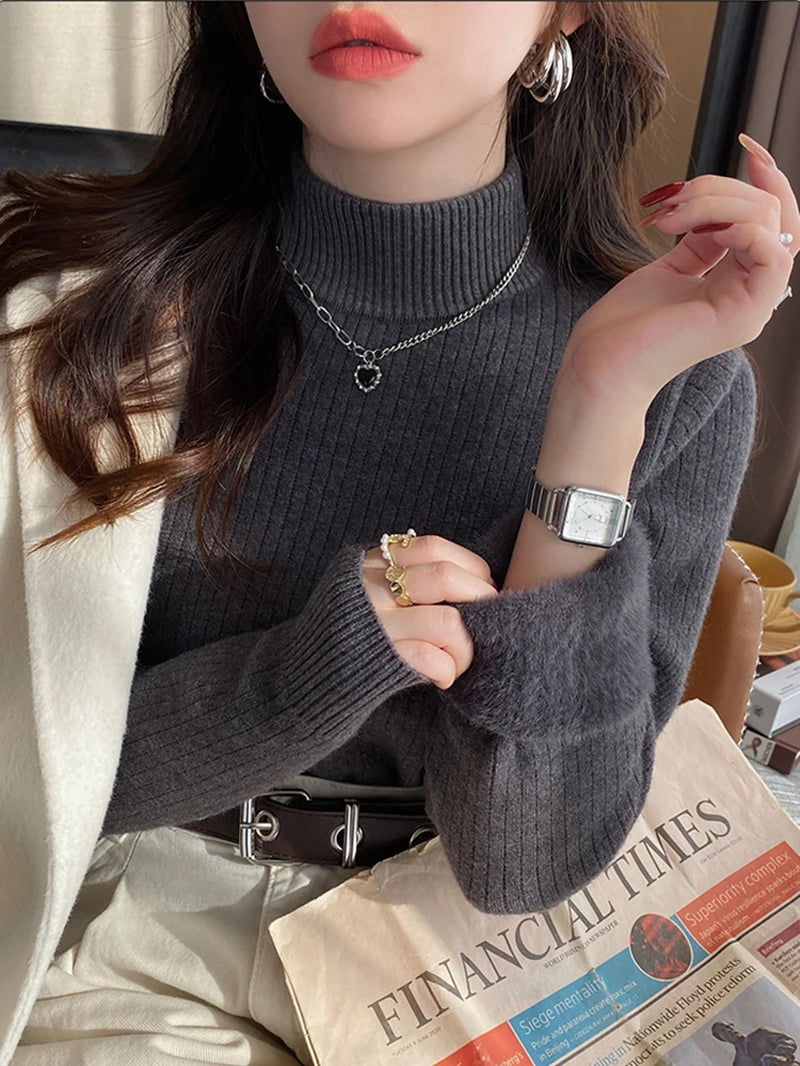 Women'S Turtleneck Sweater Winter 2026 Retro with Velvet Lining Thickened Inner Wear Thermal Knitting Bottoming Shirt Pullovers