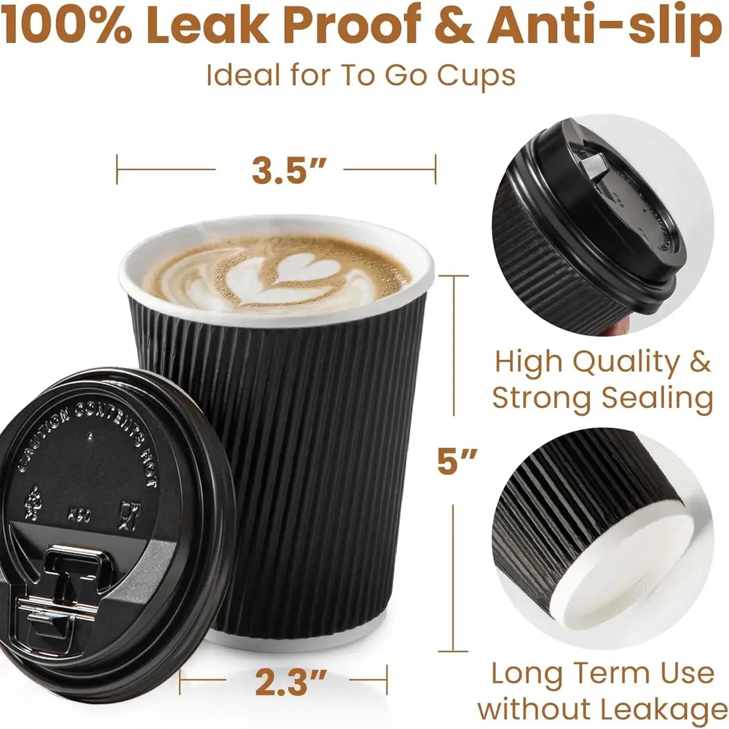 12 oz Insulated Black Disposable Coffee Cups with Lids - Corrugated Triple Wall Design for Hot Beverages - Ideal for Home and Office Use