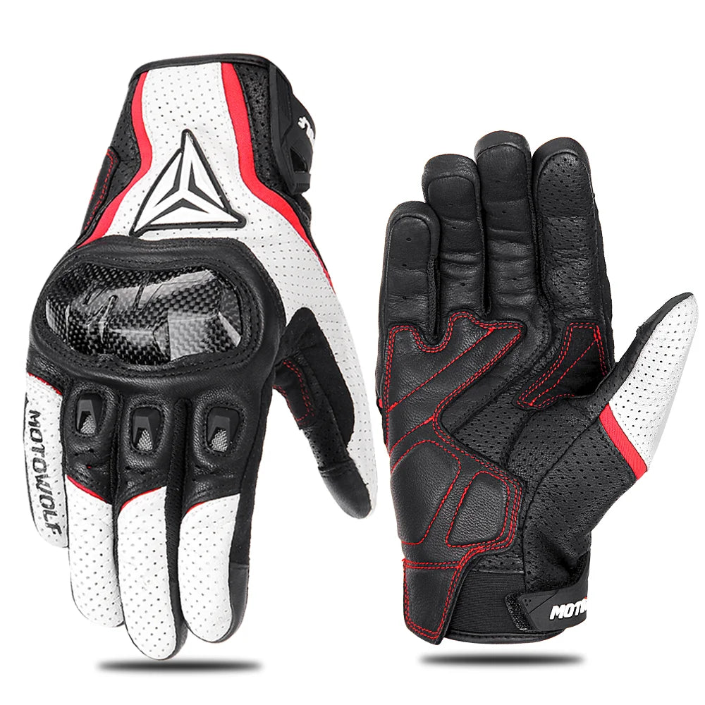 Motorcycle Leather Gloves Carbon Fibre Waterproof Touch Screen Non-Slip Four Seasons Motorbike Gloves Perforated Ventilate