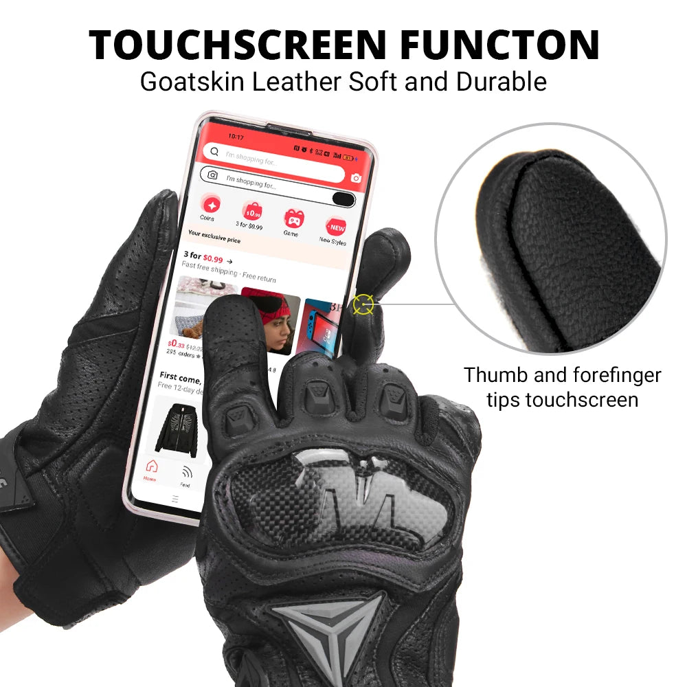 Motorcycle Leather Gloves Carbon Fibre Waterproof Touch Screen Non-Slip Four Seasons Motorbike Gloves Perforated Ventilate