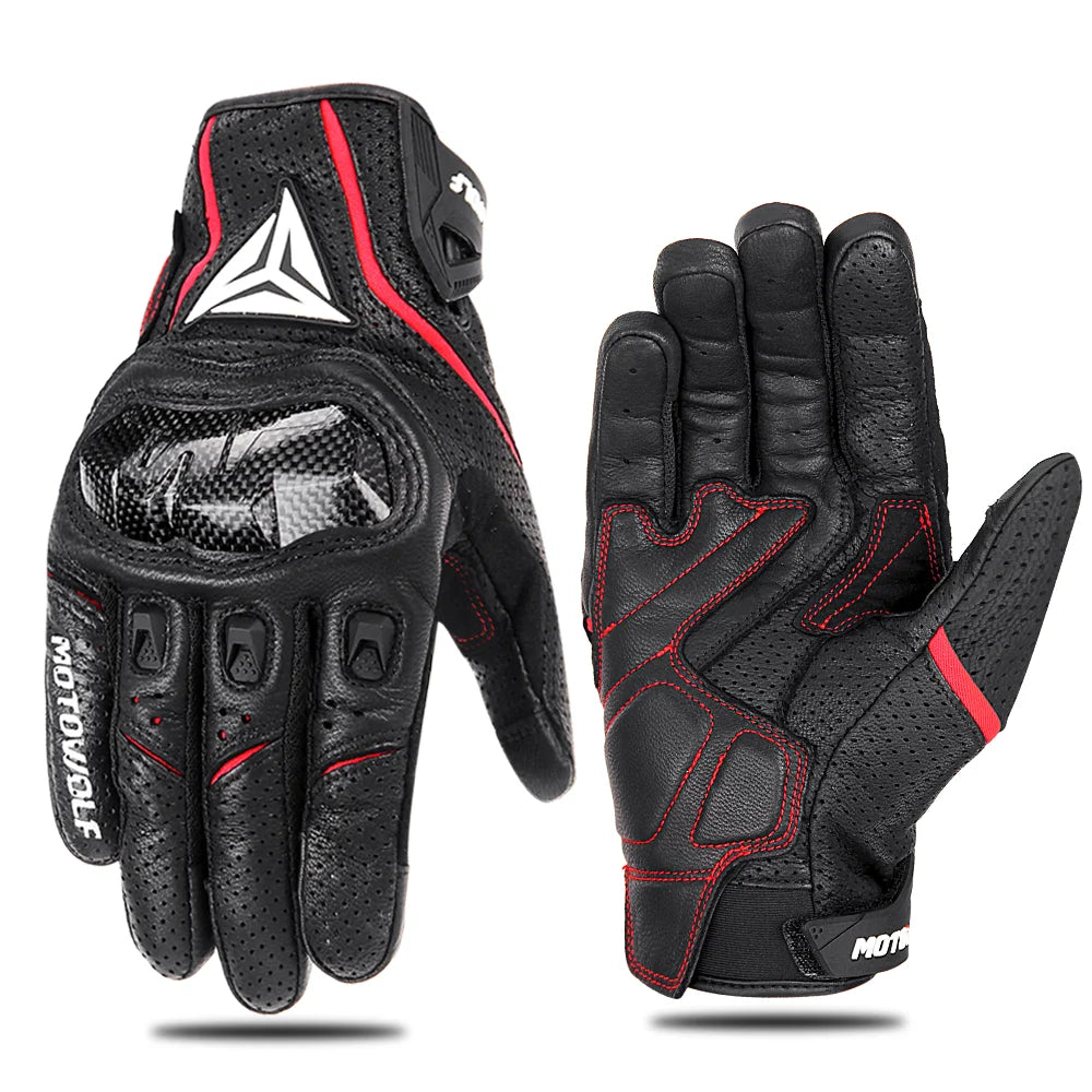 Motorcycle Leather Gloves Carbon Fibre Waterproof Touch Screen Non-Slip Four Seasons Motorbike Gloves Perforated Ventilate