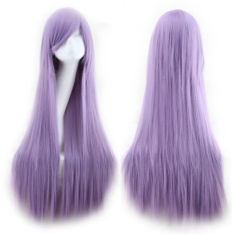 Synthetic Hair Wigs for Women Cosplay Wig 80 Cm Straight Long Light Purple Wig with Bangs Pink Red Blue Blonde Brown Black Green