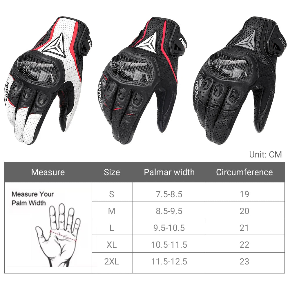 Motorcycle Leather Gloves Carbon Fibre Waterproof Touch Screen Non-Slip Four Seasons Motorbike Gloves Perforated Ventilate