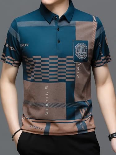 Men's Irregular Geometric Pattern and Alphabet Print Sports Collar Tshirt (Rizim Temu Print Polo-Blue)
