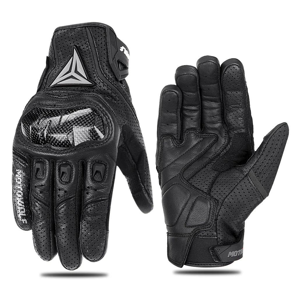 Motorcycle Leather Gloves Carbon Fibre Waterproof Touch Screen Non-Slip Four Seasons Motorbike Gloves Perforated Ventilate