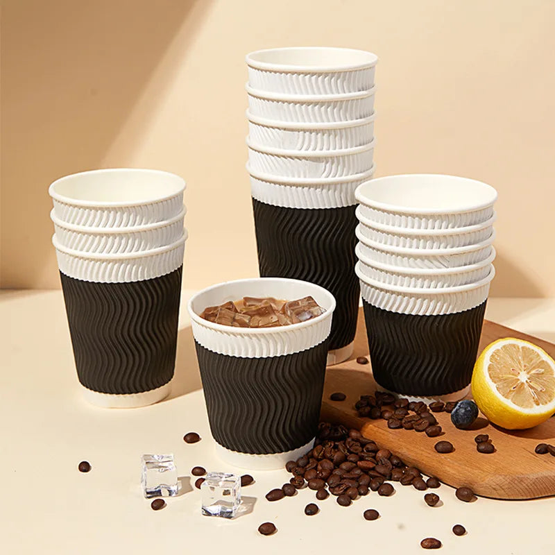 12 oz Insulated Black Disposable Coffee Cups with Lids - Corrugated Triple Wall Design for Hot Beverages - Ideal for Home and Office Use