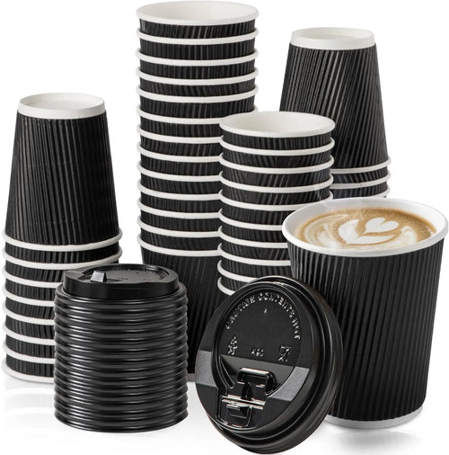 12 oz Insulated Black Disposable Coffee Cups with Lids - Corrugated Triple Wall Design for Hot Beverages - Ideal for Home and Office Use