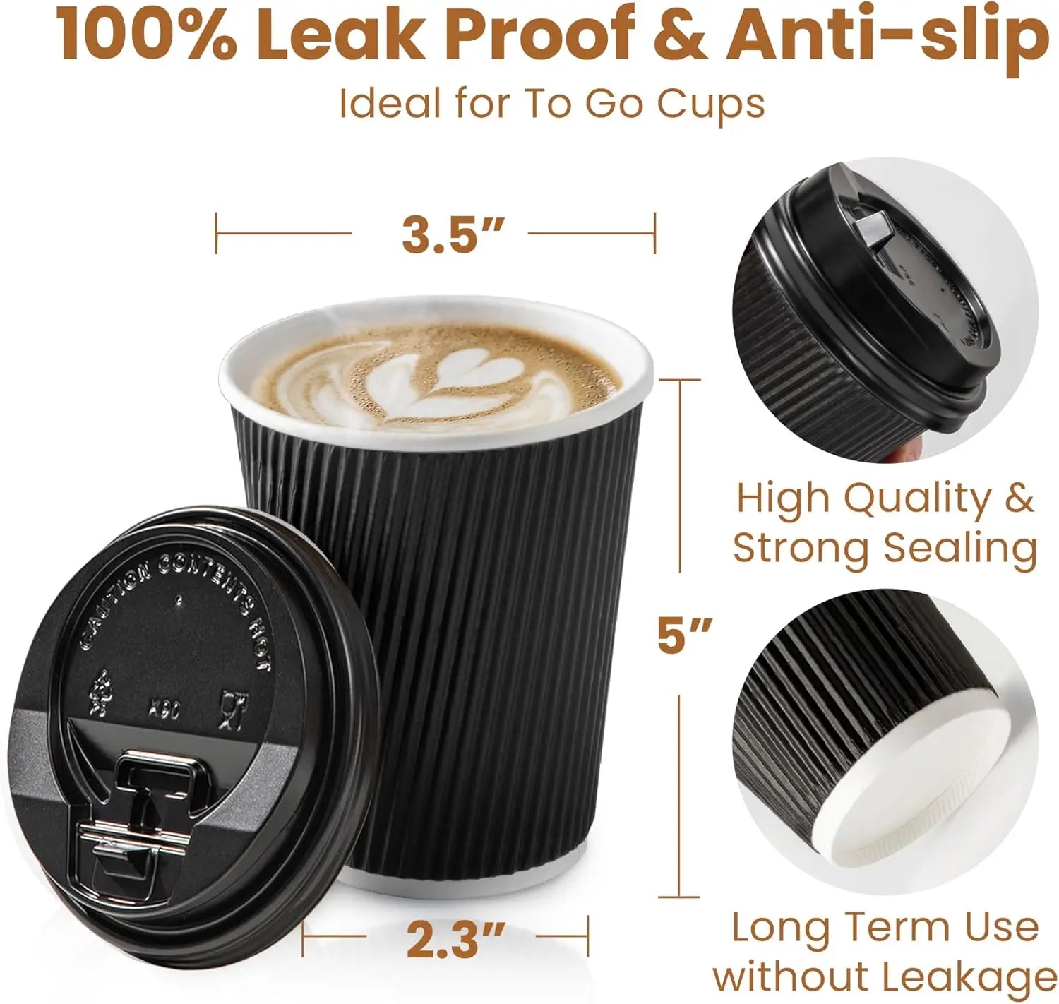 12 oz Insulated Black Disposable Coffee Cups with Lids - Corrugated Triple Wall Design for Hot Beverages - Ideal for Home and Office Use