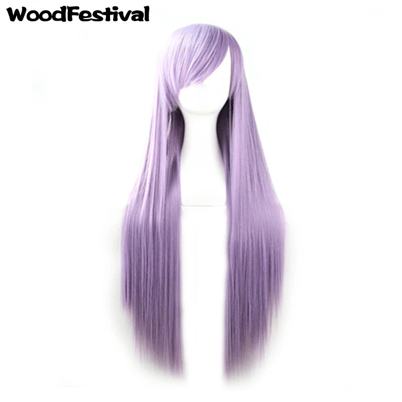 Synthetic Hair Wigs for Women Cosplay Wig 80 Cm Straight Long Light Purple Wig with Bangs Pink Red Blue Blonde Brown Black Green