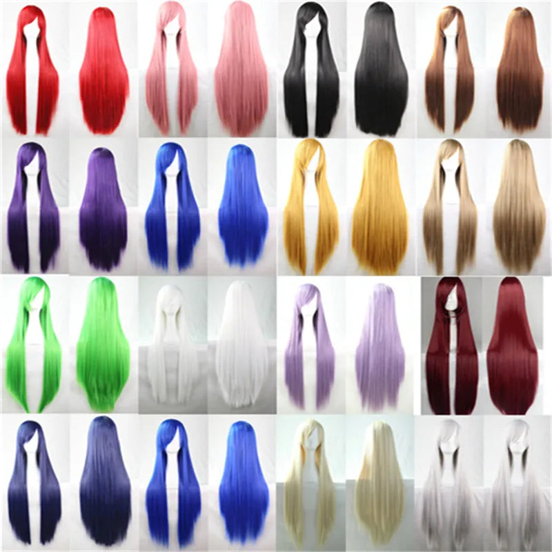 Synthetic Hair Wigs for Women Cosplay Wig 80 Cm Straight Long Light Purple Wig with Bangs Pink Red Blue Blonde Brown Black Green