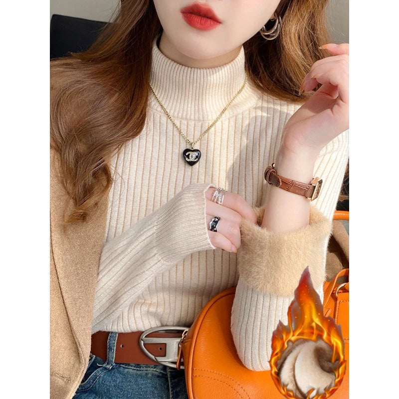 Women'S Turtleneck Sweater Winter 2026 Retro with Velvet Lining Thickened Inner Wear Thermal Knitting Bottoming Shirt Pullovers
