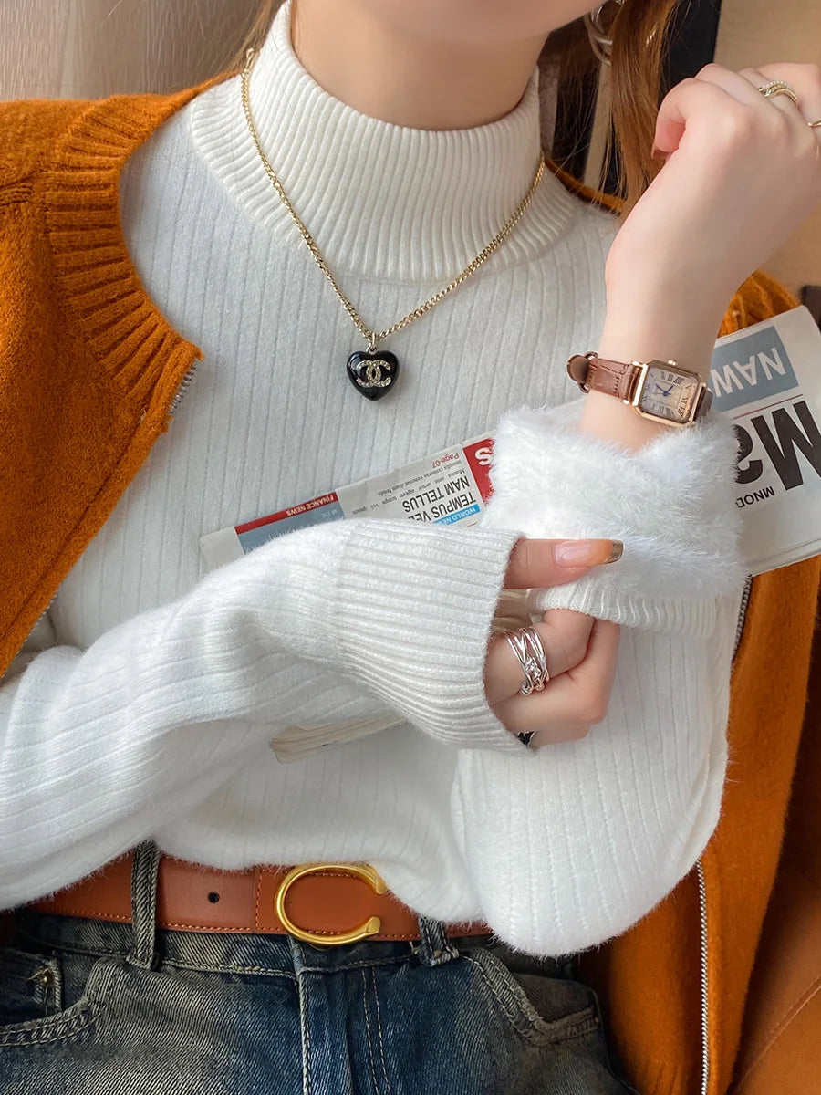 Women'S Turtleneck Sweater Winter 2026 Retro with Velvet Lining Thickened Inner Wear Thermal Knitting Bottoming Shirt Pullovers
