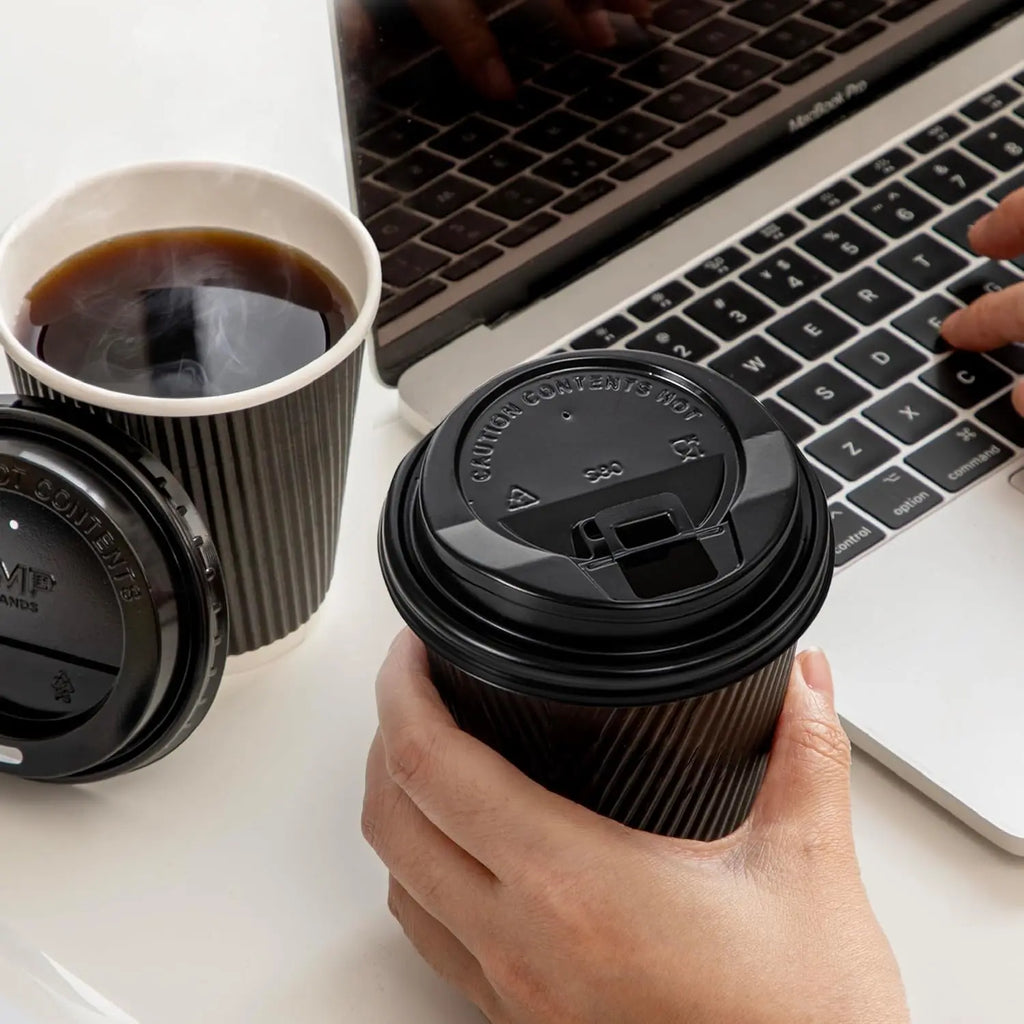 12 oz Insulated Black Disposable Coffee Cups with Lids - Corrugated Triple Wall Design for Hot Beverages - Ideal for Home and Office Use