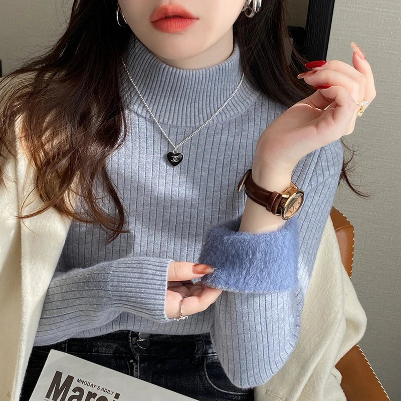 Women'S Turtleneck Sweater Winter 2026 Retro with Velvet Lining Thickened Inner Wear Thermal Knitting Bottoming Shirt Pullovers