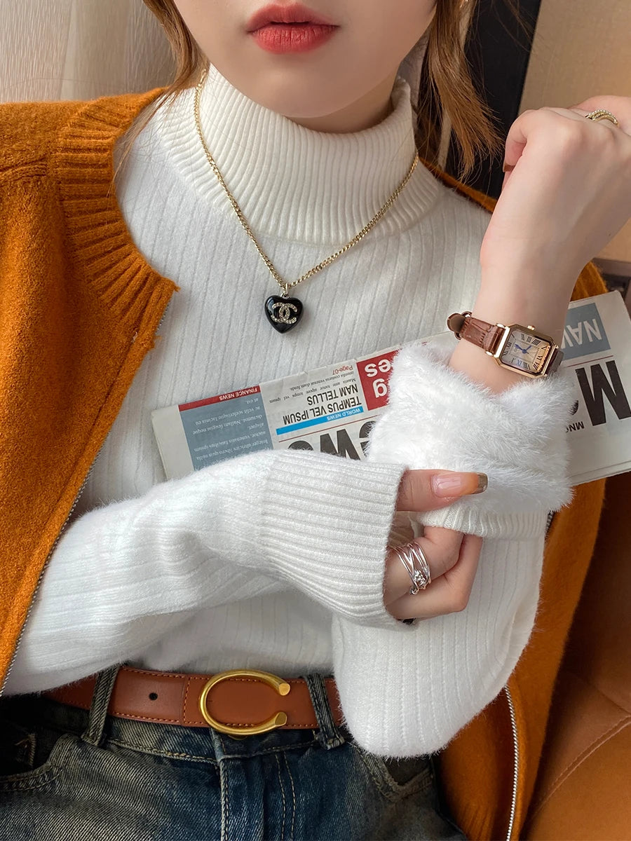 Women'S Turtleneck Sweater Winter 2026 Retro with Velvet Lining Thickened Inner Wear Thermal Knitting Bottoming Shirt Pullovers