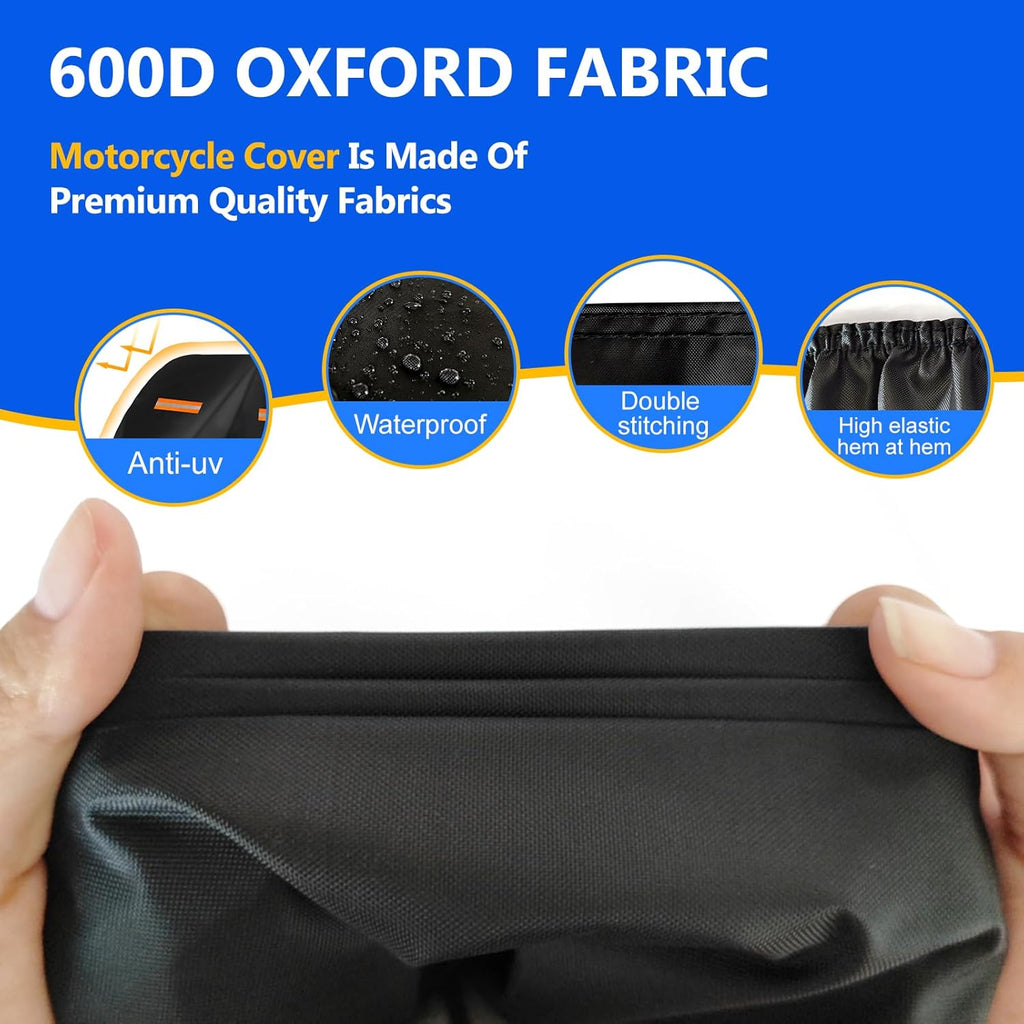 Motorcycle Cover, 600D Heavy Duty Waterproof Motorbike Cover, Dustproof Motorcycles Vehicle Cover Scooter Shelter Protection with Reflective Strips & Storage Bag 116" X 41" X 50"
