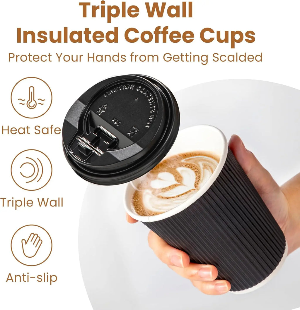 12 oz Insulated Black Disposable Coffee Cups with Lids - Corrugated Triple Wall Design for Hot Beverages - Ideal for Home and Office Use