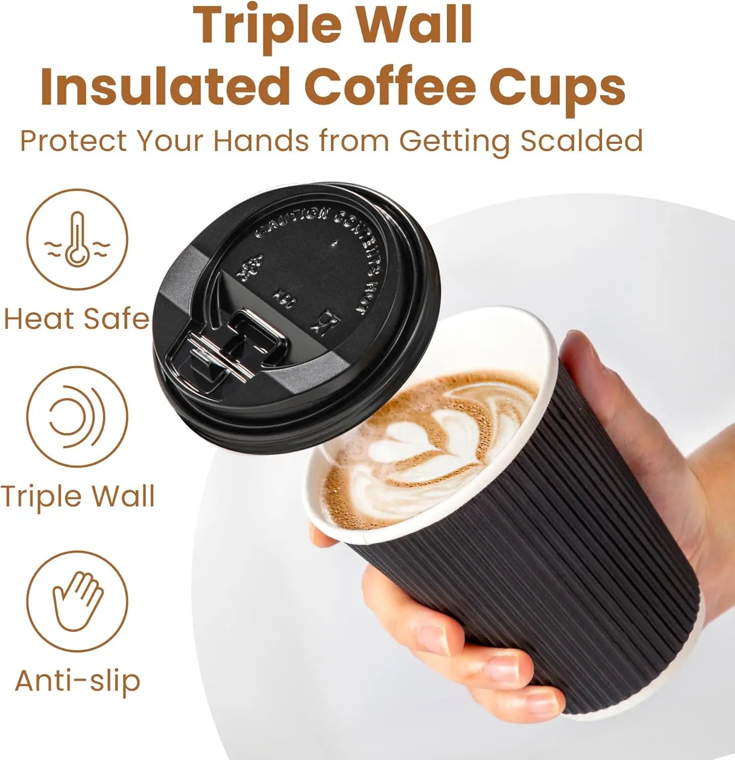 12 oz Insulated Black Disposable Coffee Cups with Lids - Corrugated Triple Wall Design for Hot Beverages - Ideal for Home and Office Use