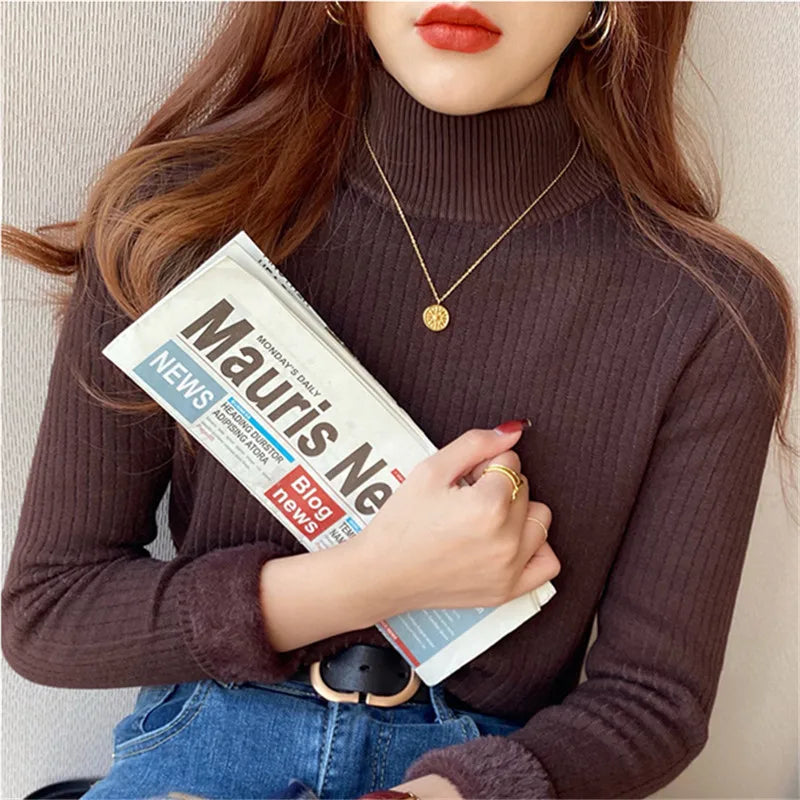 Women'S Turtleneck Sweater Winter 2026 Retro with Velvet Lining Thickened Inner Wear Thermal Knitting Bottoming Shirt Pullovers